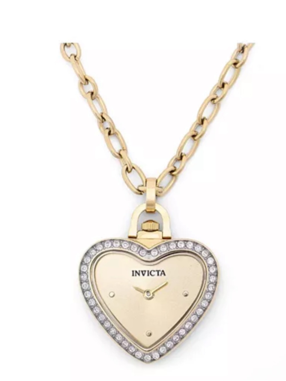 Invicta Gold Heart Pendant Watch Necklace with Crystal Border model 49938